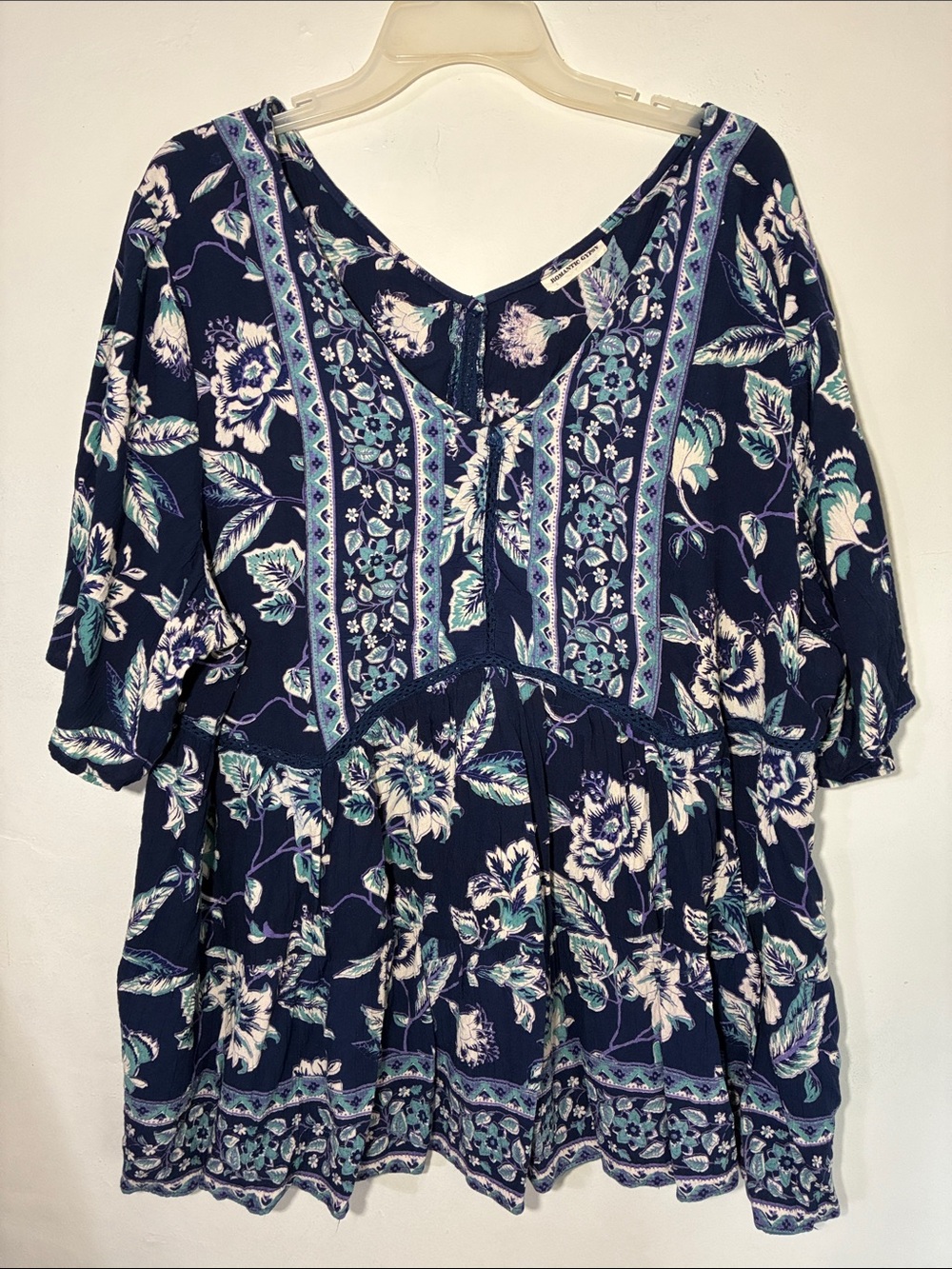 Romantic Gypsy Navy Blue Floral V-Neck Flowy Boho Peasant Blouse - Sz. 1X